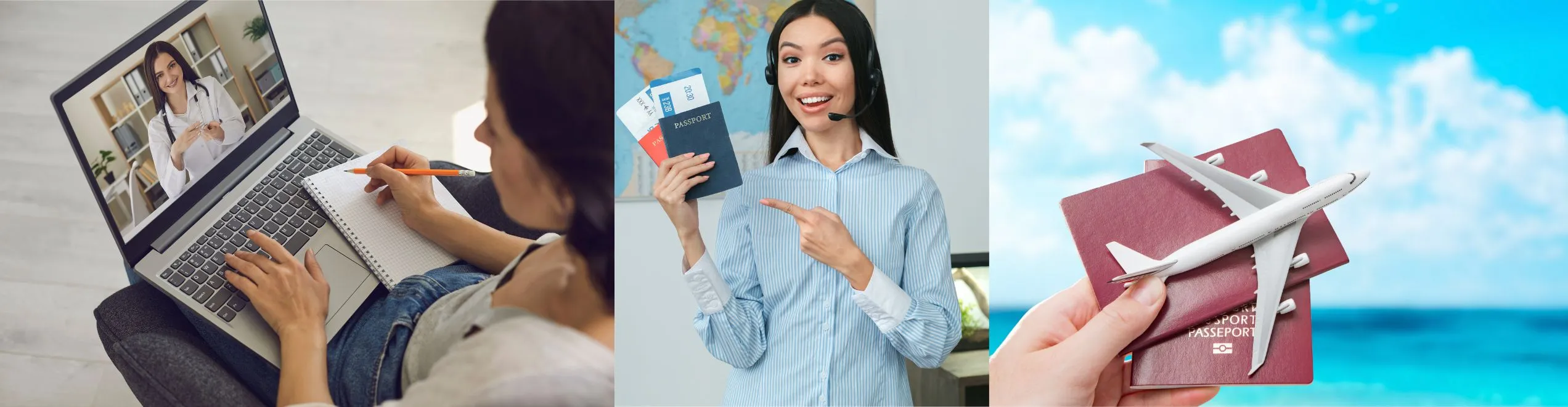 Consulente di viaggi che parla con un cliente davanti a una mappa del mondo</p>
<p>