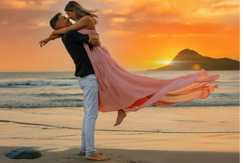 Coppia innamorata si abbraccia sulla spiaggia al tramonto con mare e cielo arancione sullo sfondo
